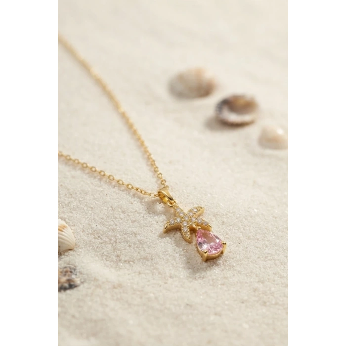 316L Çelik Zincir Gold Renk Yıldız Model Pembe Damla Taş Model Kolye TJ-BKO11194