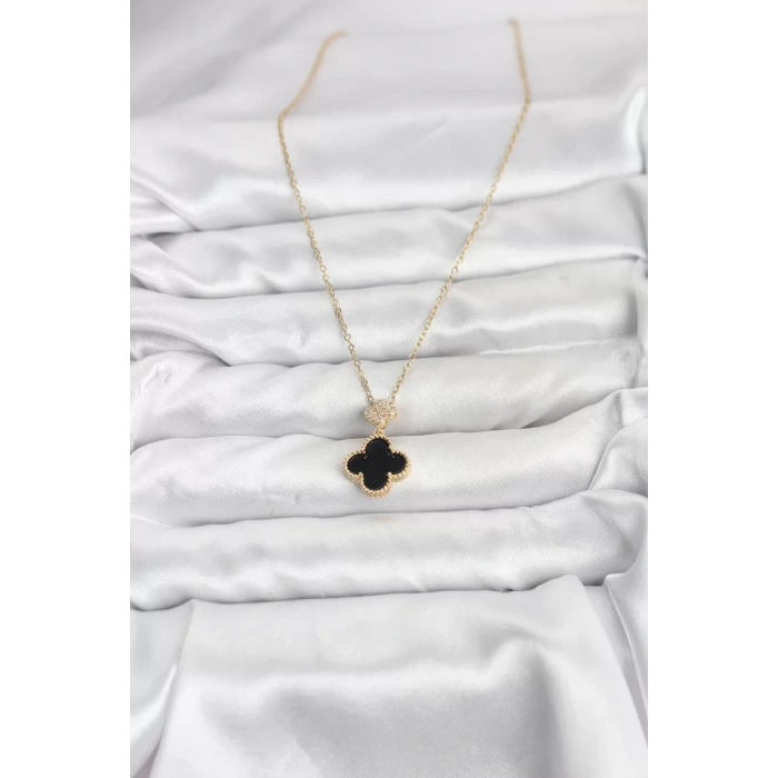 316L Çelik Zincir Gold Renk Yonca Model Zirkon Taşlı Kadın Kolye - TJ-BKO10863