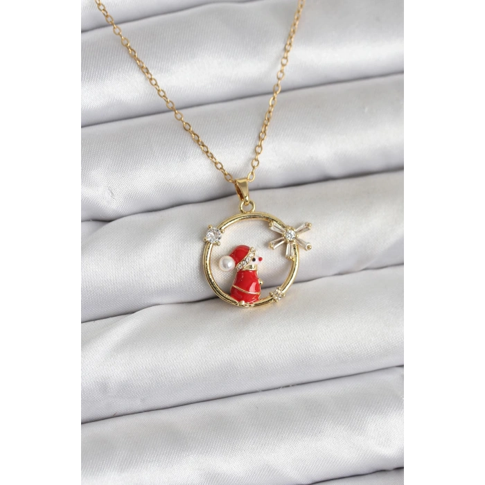 316L Çelik Zincir Gold Zirkon Taşlı Yılbaşı Tema Kadın Kolye 5886