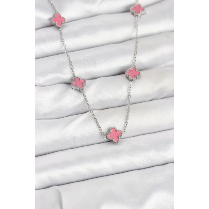 316L Çelik Zincir Gümüş Renk Pembe Baby Boy Yonca Kadın Kolye - TJ-BKO10575