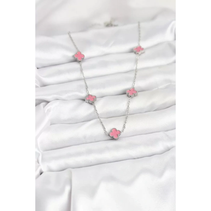 316L Çelik Zincir Gümüş Renk Pembe Baby Boy Yonca Kadın Kolye - TJ-BKO10575