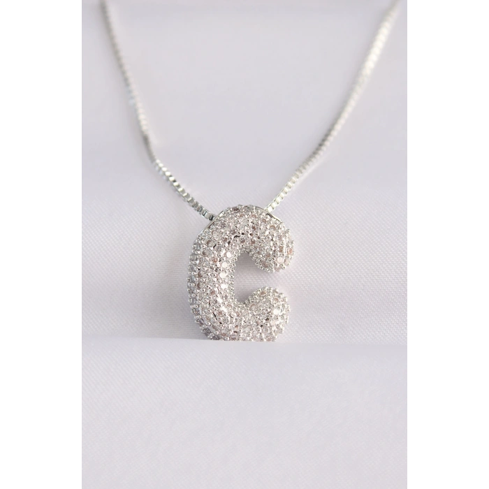316L Çelik Zincirli Zirkon Taşlı C Harfli Silver Renk Bubble Kolye 5886