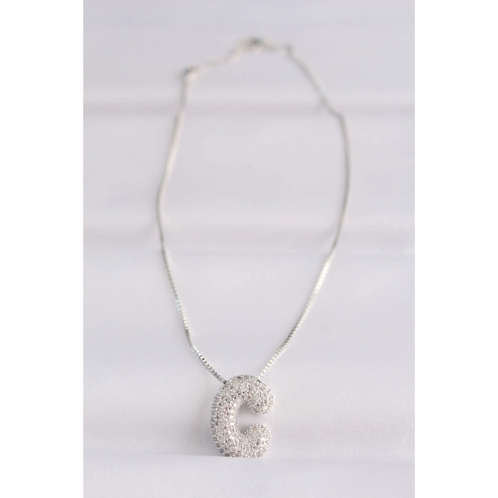 316L Çelik Zincirli Zirkon Taşlı C Harfli Silver Renk Bubble Kolye 5886
