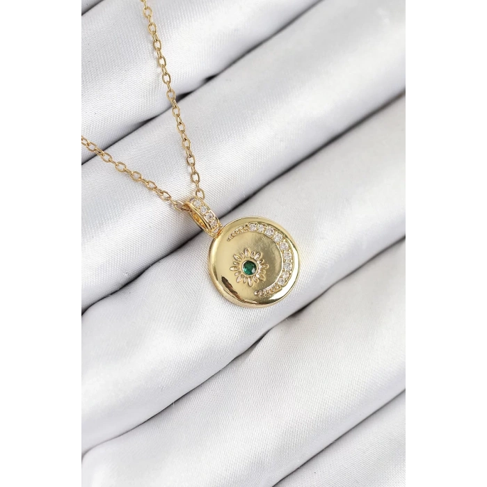 316L Çelik Zirkon Taşlı Ay Ve Güneş Model Gold Renk Kadın Kolye - TJ-BKO10539