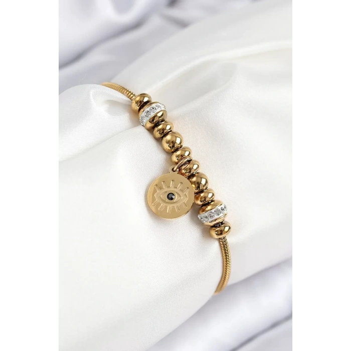 316L Çelik Zirkon Taşlı Göz Charm Model Gold Renk Kadın Bileklik - TJ-BB7842