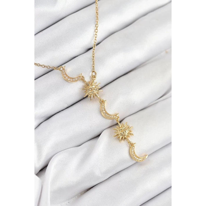 316L Çelik Zirkon Taşlı Güneş Ve Ay Model Gold Renk Kadın Kolye - TJ-BKO10548