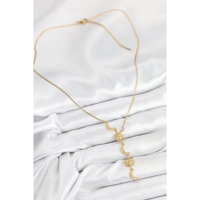 316L Çelik Zirkon Taşlı Güneş Ve Ay Model Gold Renk Kadın Kolye - TJ-BKO10548