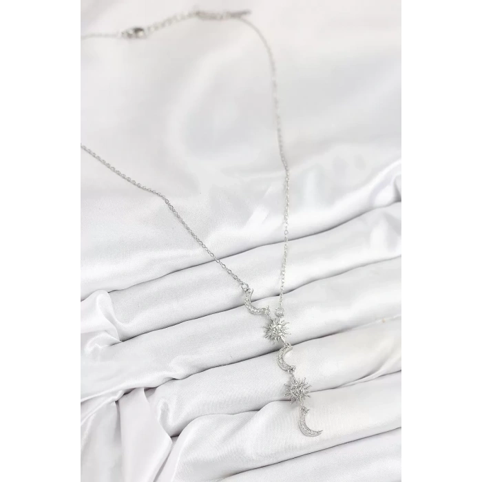 316L Çelik Zirkon Taşlı Güneş Ve Ay Model Gümüş Renk Kadın Kolye TJ-BKO10549