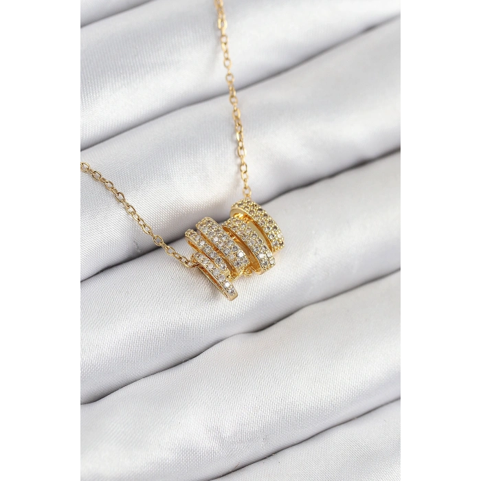 316L Çelik Zirkon Taşlı Sarmal Model Gold Renk Kadın Kolye 5886