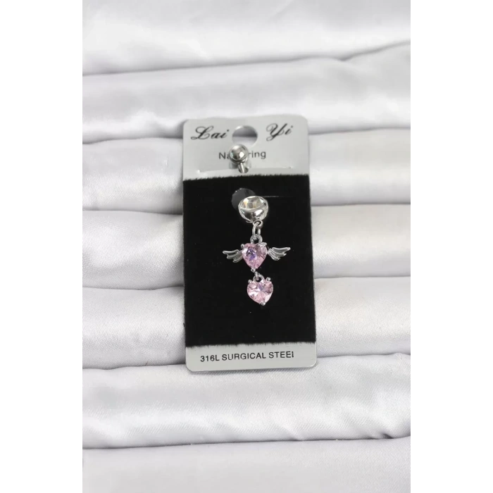 316L Cerrahi Çelik Pembe Zirkon Taşlı Kanat Model Göbek Piercing TJ-PR1405