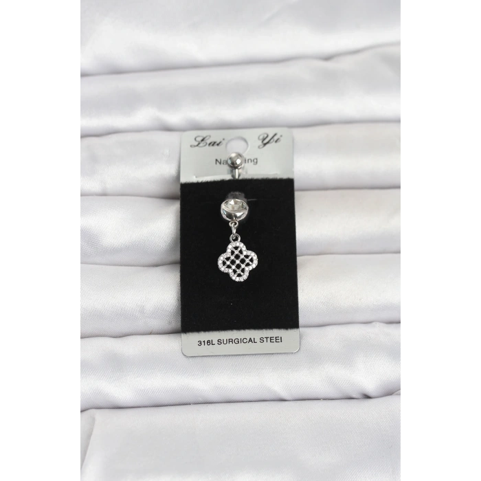 316L Cerrahi Çelik Zirkon Taşlı Sallantılı Yonca Model Göbek Piercing 5886
