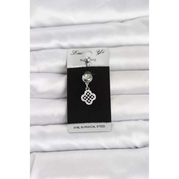 316L Cerrahi Çelik Zirkon Taşlı Sallantılı Yonca Model Göbek Piercing TJ-PR1397