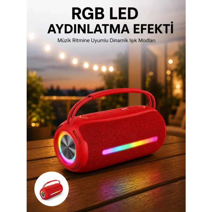360 RGB LEDli Taşınabilir Bluetooth Hoparlör – Kırmızı USB/TF Destekli