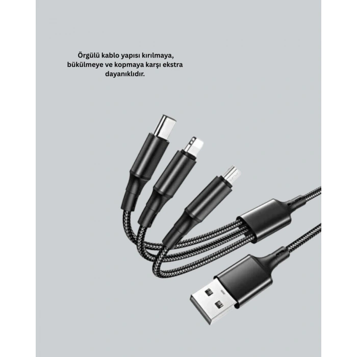 3’ü 1 Arada Hızlı Şarj Kablosu – iOS Android Type-C Uyumlu