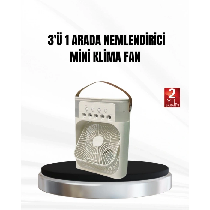 3’ü 1 Arada Mini Klima Fan USB Şarjlı 7 Renk Gece Lambalı ve Nemlendirici