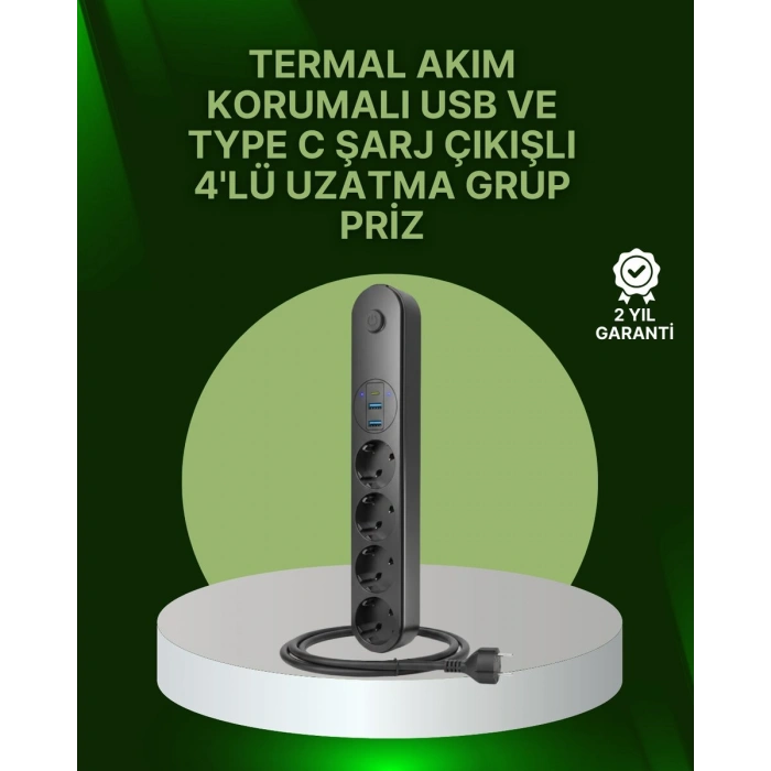 4 Priz 2 USB 1 Type-C Akım Korumalı Çoklu Priz Led Anahtarlı