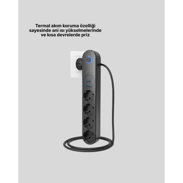 4 Priz 2 USB 1 Type-C Akım Korumalı Çoklu Priz Led Anahtarlı