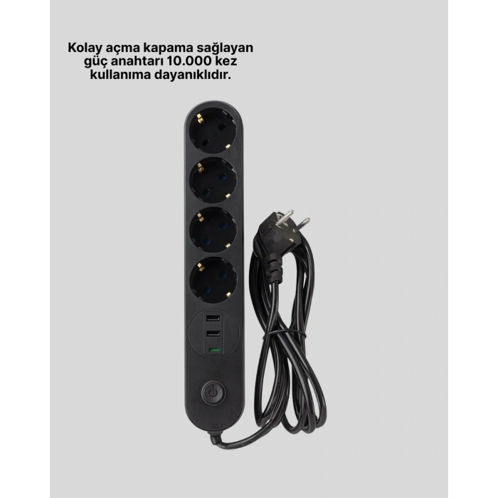 4 Priz 2 USB 1 Type-C Akım Korumalı Çoklu Priz Led Anahtarlı
