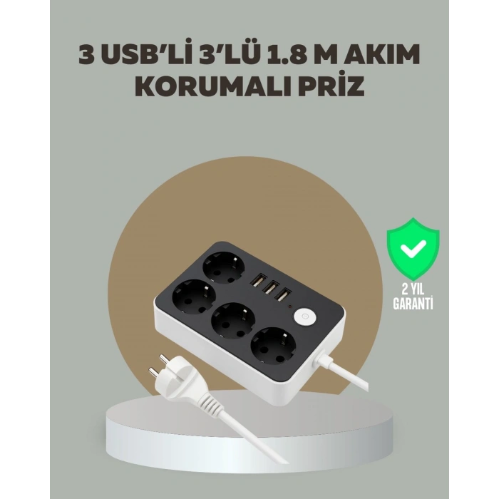 4 Prizli 3 USB Portlu Anahtarlı Akım Korumalı Priz