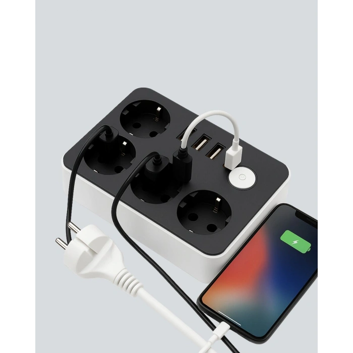 4 Prizli 3 USB Portlu Anahtarlı Akım Korumalı Priz