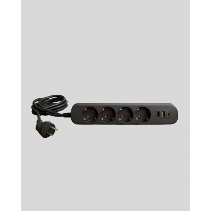 4’lü Çoklu Priz 2 USB Type-C Girişli Akım Korumalı Siyah