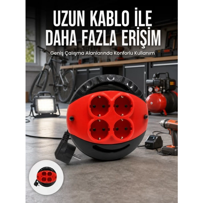 5 Metre Kablolu 4’lü Kırmızı Priz Makara