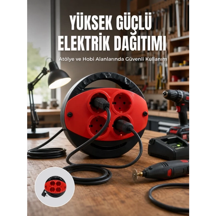 5 Metre Uzatma Kablolu 4 Prizli Makara Kırmızı
