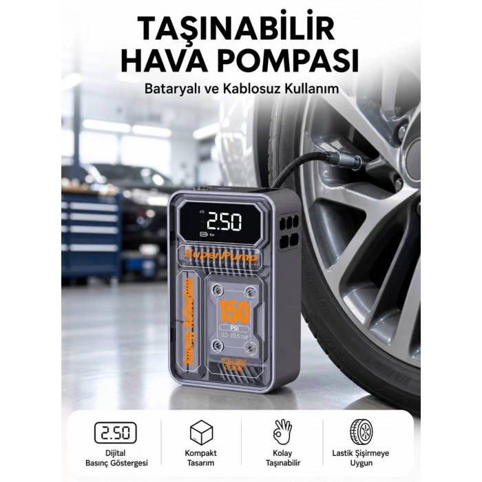 6000mAh Bataryalı LED Ekranlı Akıllı Hava Kompresörü