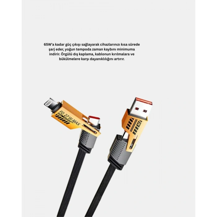 65W 4’ü 1 Arada Örgülü Hızlı Şarj Kablosu USB-C USB-A Çoklu Şarj Dayanıklı