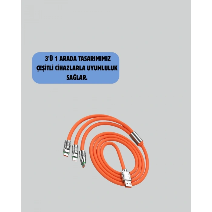 120 W Şarj ve Veri Aktarımı Kablo– 3 Başlıklı Çok Amaçlı Kablo Yüksek Hızlı
