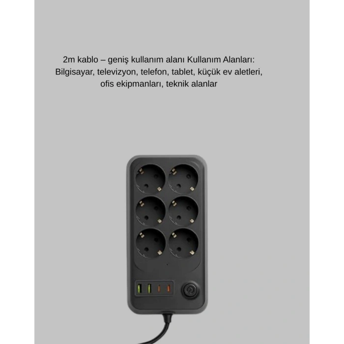 6’lı Grup Priz Termal Korumalı USB Type-C Çoklu Priz 2 Metre Kablo