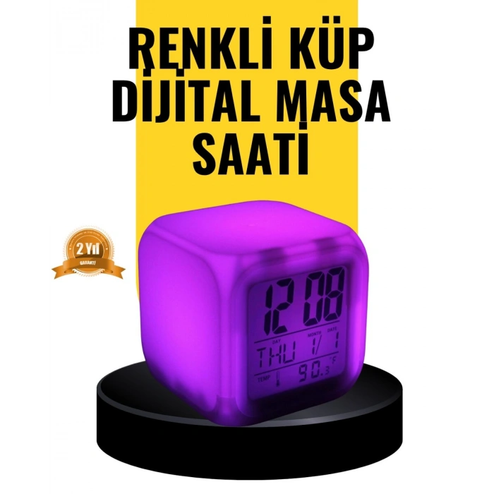 7 Renk LED Işıklı Alarmlı Dijital Küp Masa Saati Termometreli