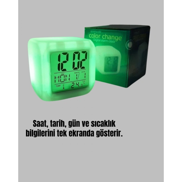 7 Renk LED Işıklı Alarmlı Dijital Küp Masa Saati Termometreli