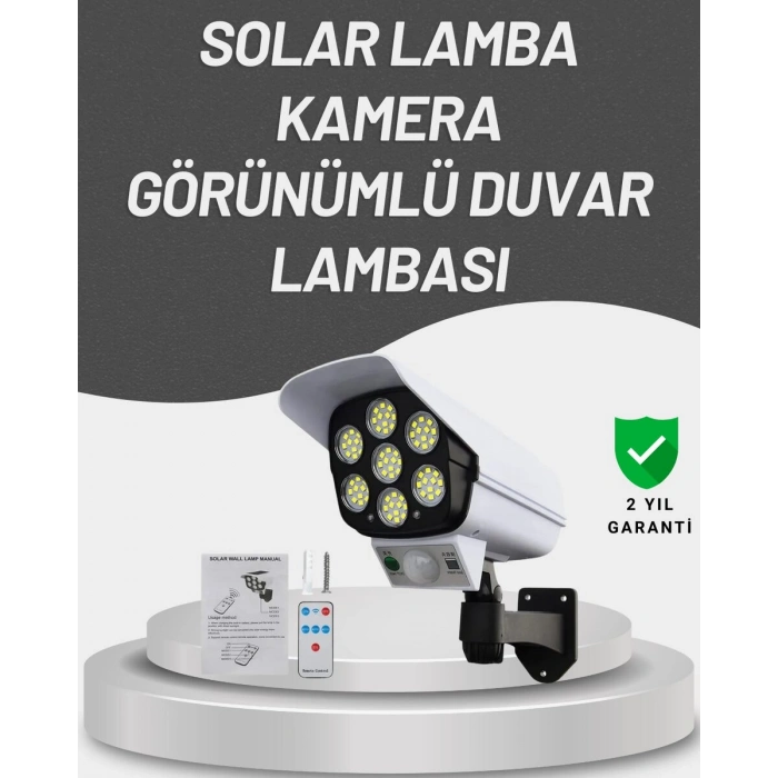 77 LEDli Güneş Enerjili Güvenlik Lambası ve Kukla Kamera – Hareket Sensörlü 2400mAh Pilli