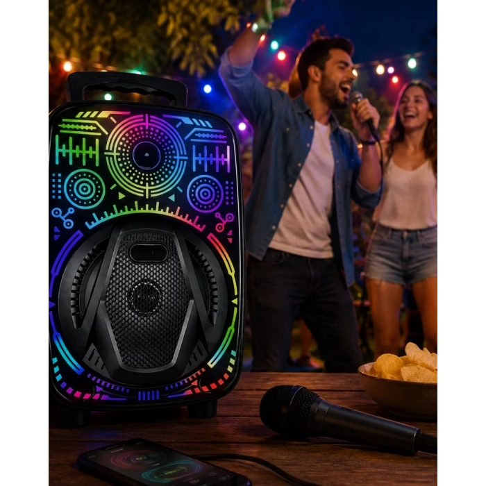 8 İnç Taşınabilir Karaoke Hoparlör Mikrofonlu RGB Işıklı Bluetooth Speaker