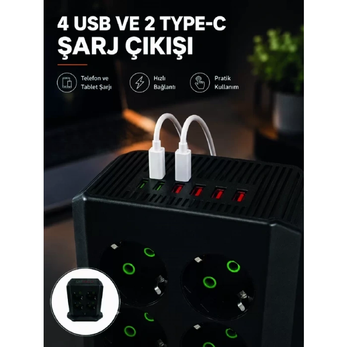 8li Dikey Çoklu Priz 4 USB 2 Type-C Akım Korumalı Anahtarlı Priz