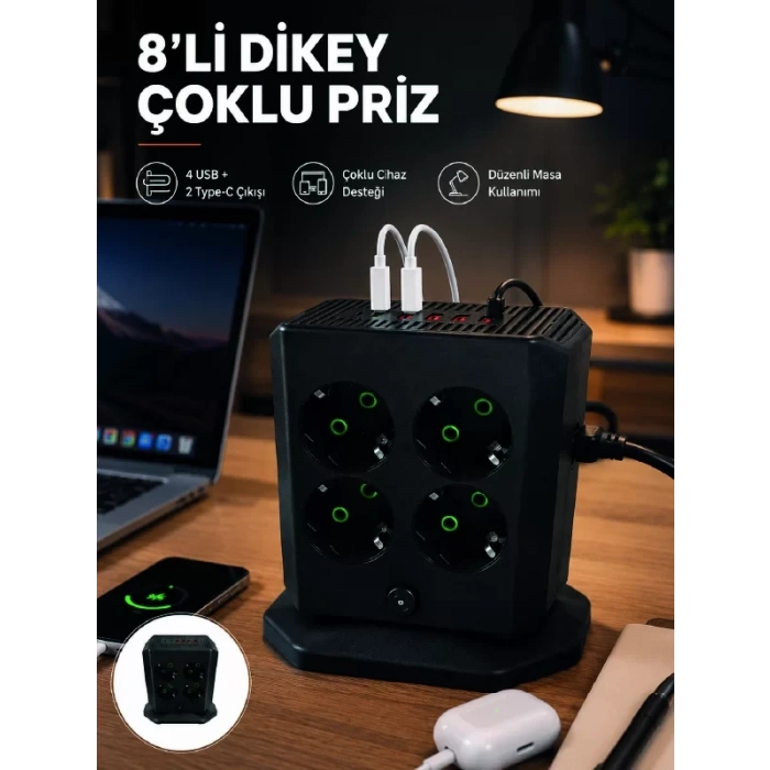 8li Dikey Çoklu Priz 4 USB 2 Type-C Girişli Akım Korumalı Uzatma Prizi