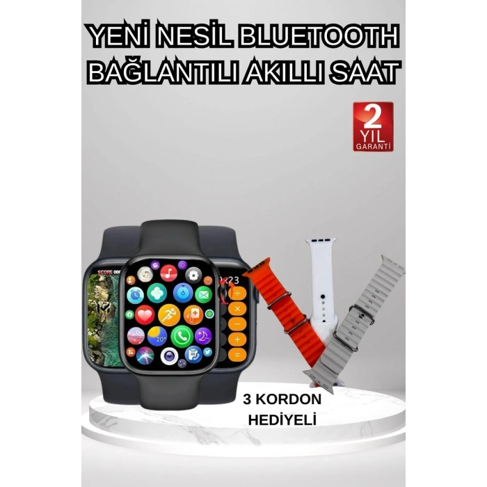 Akıllı Saat Arama Görüşme Bildirim Görme Uyku ve Sağlık Takibi Nabız Ölçer 3 Kordon Hediyeli