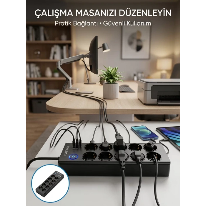 Akım Korumalı 10lu Çoklu Priz USB-A ve Type-C Şarj Çıkışlı