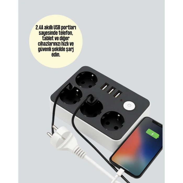 Akım Korumalı 3 USB Portlu 4’lü Priz 4.1A Hızlı Şarj