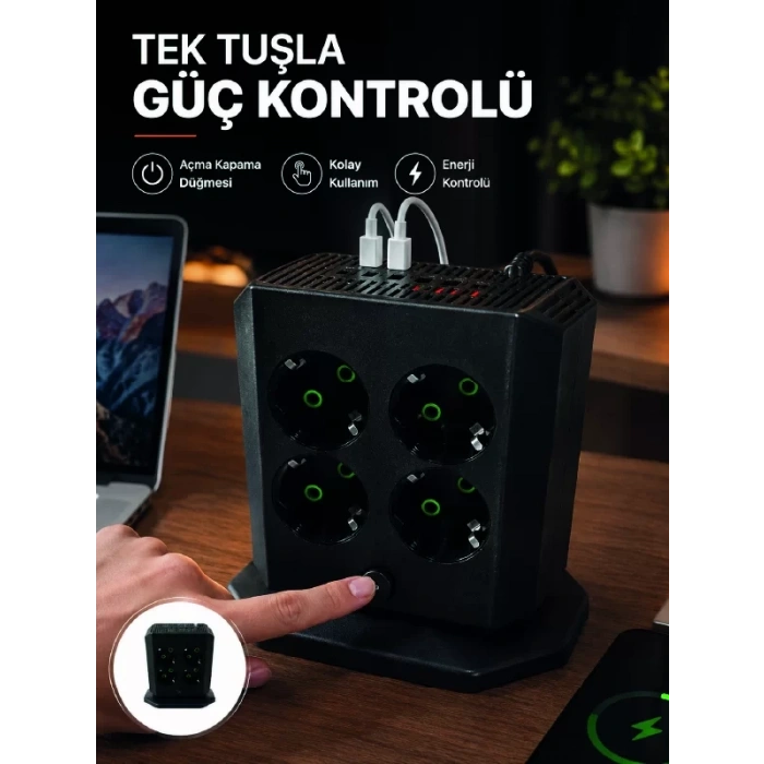 Akım Korumalı 8li Dikey Priz 4 USB 2 Type-C Hızlı Şarj Destekli Çoklu Priz