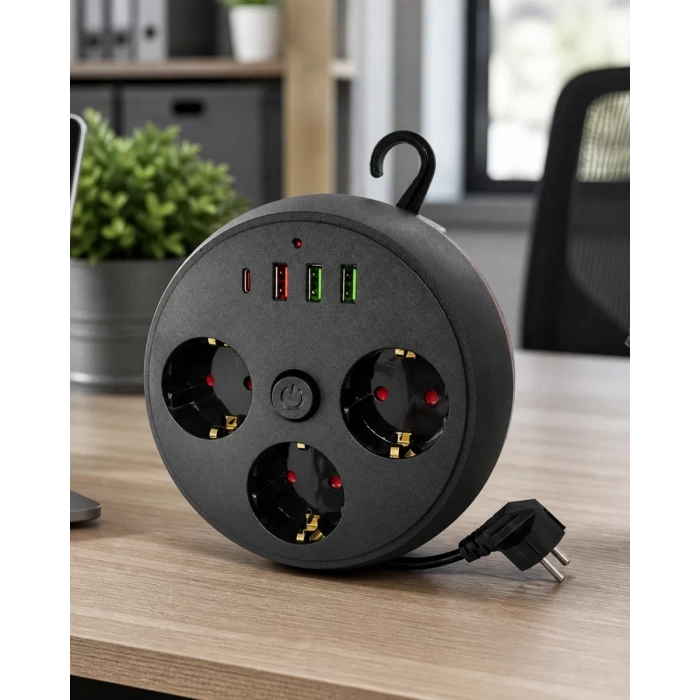 Akım Korumalı Çoklu Priz 3 Priz 3 USB 1 Type C 2 Metre Kablo Güvenli Şarj