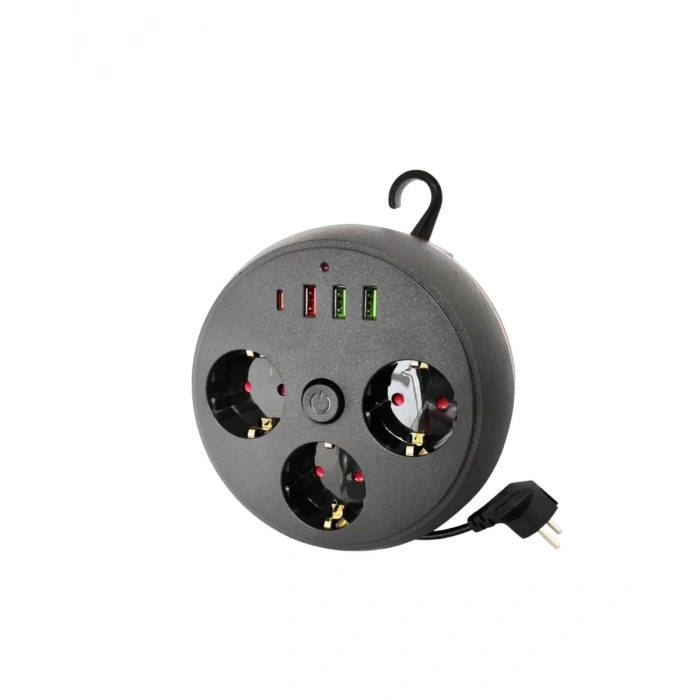Akım Korumalı Çoklu Priz 3 Priz 3 USB 1 Type C 2 Metre Kablo Güvenli Şarj