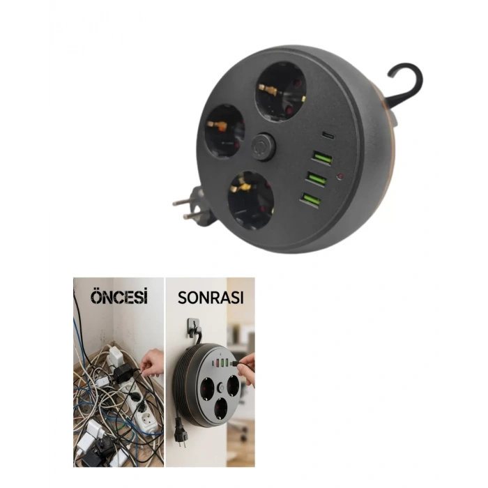 Akım Korumalı Çoklu Priz 3 Priz 3 USB 1 Type C 2 Metre Kablo Güvenli Şarj