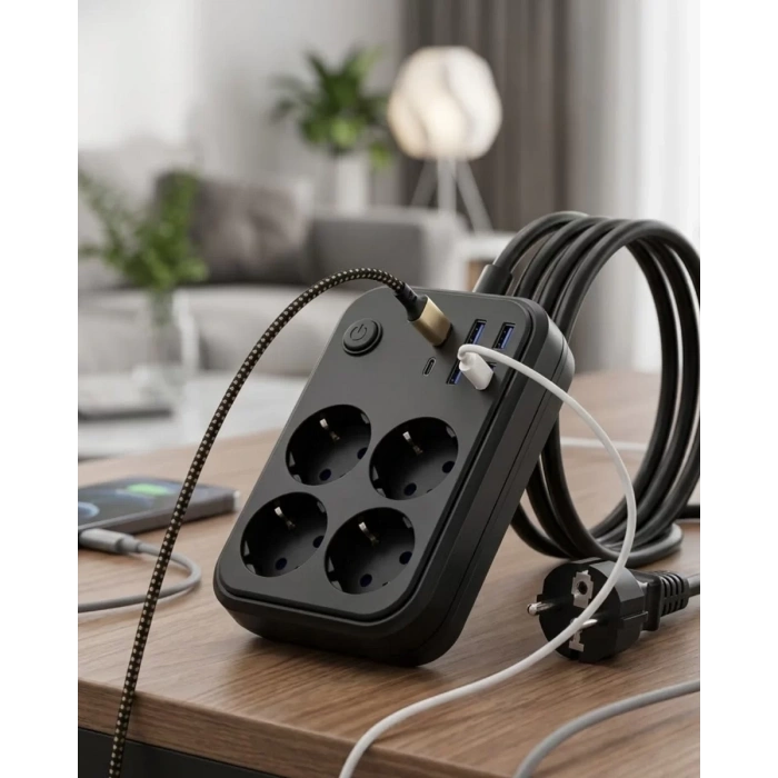 Akım Korumalı Çoklu Priz 4 USB 2 Type C 4 Priz Güvenli ve Hızlı Şarj