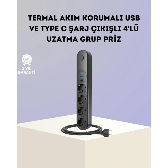 Akım Korumalı Çoklu Priz 4’lü 2 USB 1 Type-C 2500W Güçlü Tasarım