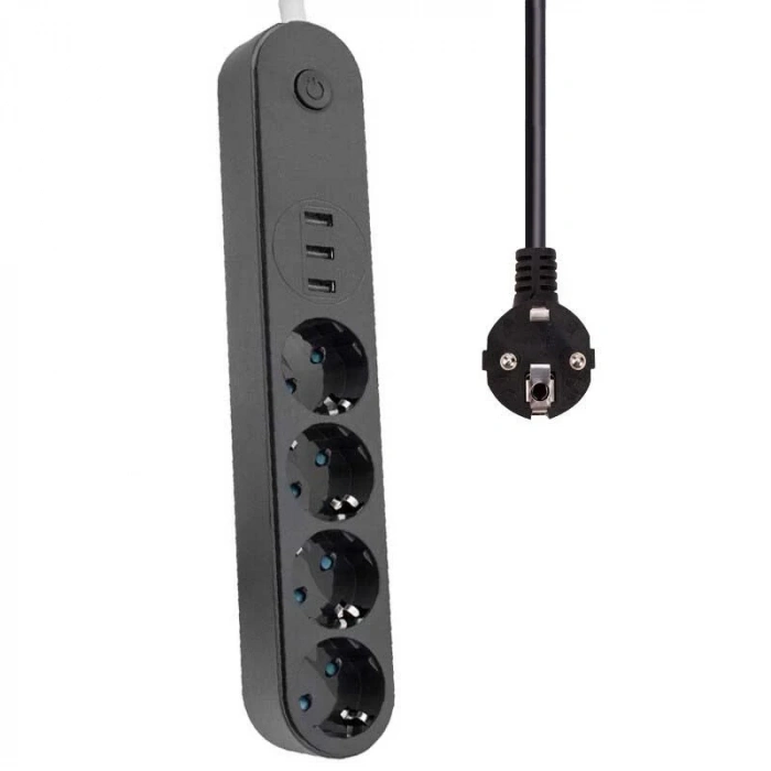 Akım Korumalı Isıya Dayanıklı 4 lü 2 Mt Uzatma 3 Adet USB 3402