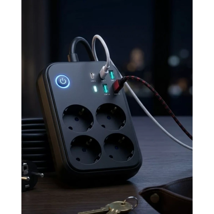 Akım Korumalı Uzatma Prizi 4 USB 2 Type C Dayanıklı ve Güvenli Tasarım