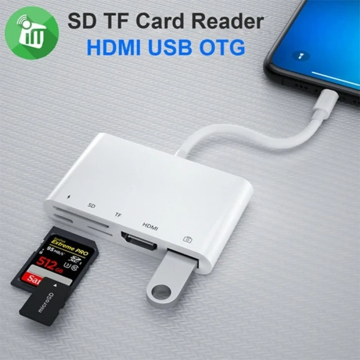 Ally 5in1 Lightning HDMI Dijital Av Adaptör+ Otg USB Hub Kamera TF SD Okuyucu-(5775)