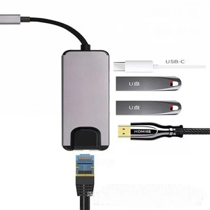 ALLY 5İN1  USB 3.1 Type C To HDMI 2xusb 3.0 RJ45 Ethernet Dönüştürücü Adaptör-(5775)